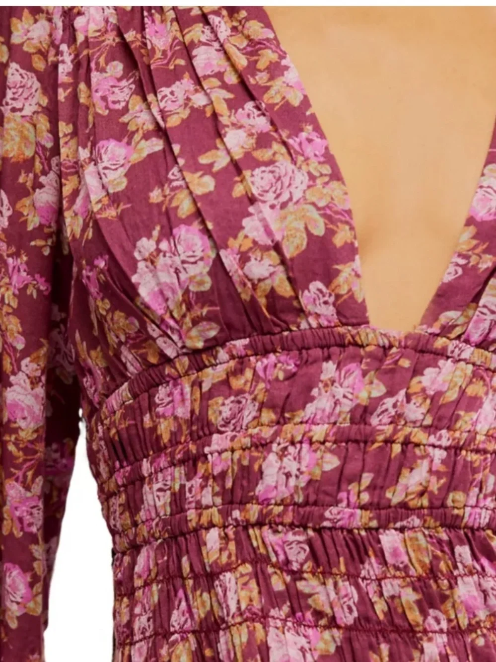 Free People Keep You Mini Dress Berry Combo Floral Boho V-Neck Large EUC